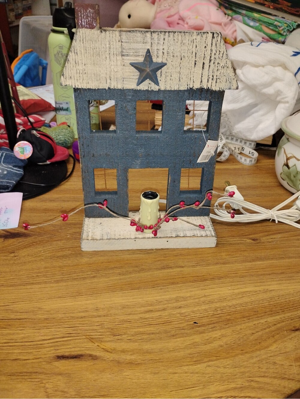 Rustic Wooden House Electric Candle Holder with Star Accent